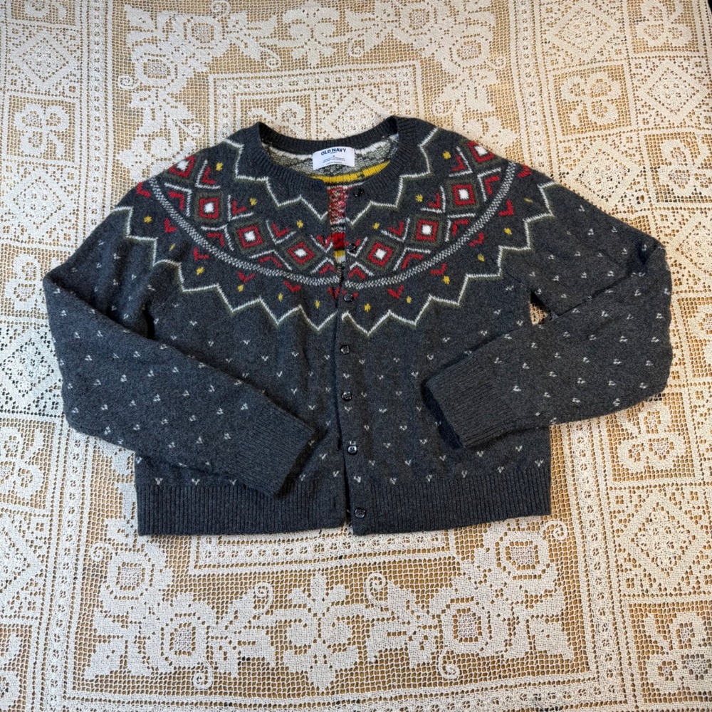 Old Navy SoSoft Fair Isle Cardigan Sweater Gray Nordic Geometric Yoke Medium